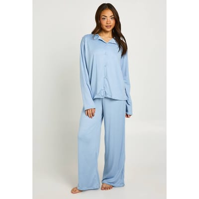 boohoo Dames Zachte Jersey Pyjama Set Met Shirt Met Lange Mouwen & Broek | Babyblauw | Maat: 34
