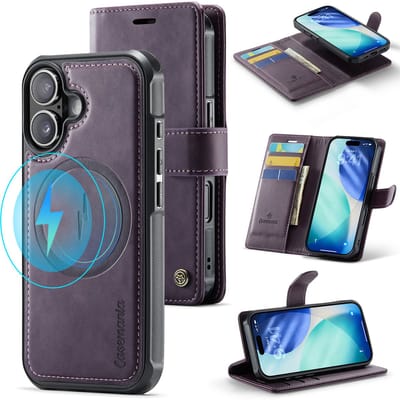 Casemania Hoesje Geschikt voor Apple iPhone 17 - Dark Purple - Geschikt voor MagSafe - Luxe Kunstleer 2 in 1 Afneembare Bookcase - Magnetische Telefoonhoesje met Pasjeshouder en Standaardfunctie