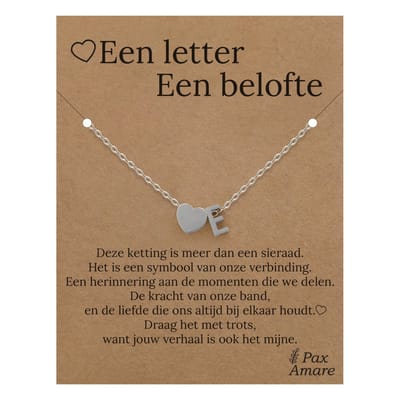 Letter E ketting op Cadeau Kaartje - Een letter, een belofte - 45cm Zilverkleurig Stainless Steel - Initiaal & Hartje Hanger - Pax Amare