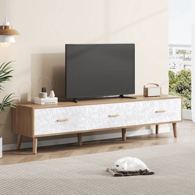 Wishdor Tv-Meubel Laag - 3 Lades - Retro Witte Structuurdeur - Spaanplaat - Wit En Licht Hout - 150 X 39 X 35 Cm