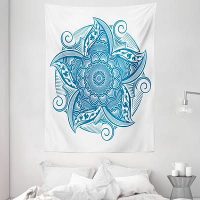 ABAKUHAUS Blauw Mandala Tapijt, Wilde Staarten Blaadjes, Woonkamer Slaapkamer Wanddoek Zijdezacht Satijn Wandtapijt, 150 x 200 cm, Zeeblauw Wit