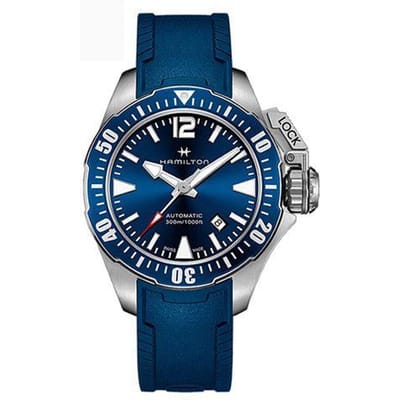 Hamilton Khaki Navy Serie Automatisch Mechanisch Uurwerk 300 Meter Waterbestendig Horloge 42 Mm Blauwe Wijzerplaat Roestvrijstalen Kast Rubberen Band H77705345 Regular Watch Box,Blue Dial Tapes gray