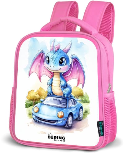 NoBoringSuitcases.com® - Rugzak roze - Schooltas meisjes - Baby draak op blauwe auto in bosrijk landschap - Kinder rugtas meisje - Boekentas kind - Kinderrugzak voor school - Schoolrugzak