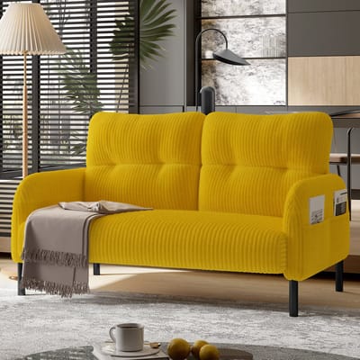 Wishdor - 2-Zitsbank - Brede En Diepe Zitting Met Ergonomische Rugleuning En Zijvak - Modern Ontwerp - Voor Woonkamer Of Slaapkamer - Ribstof, Hout En Metaal - Geel - 120 X 75 X 79 Cm