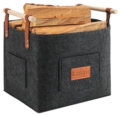 Houten mand voor haardhout met zijzakken - 42 x 32 x 40 cm - Donkergrijs