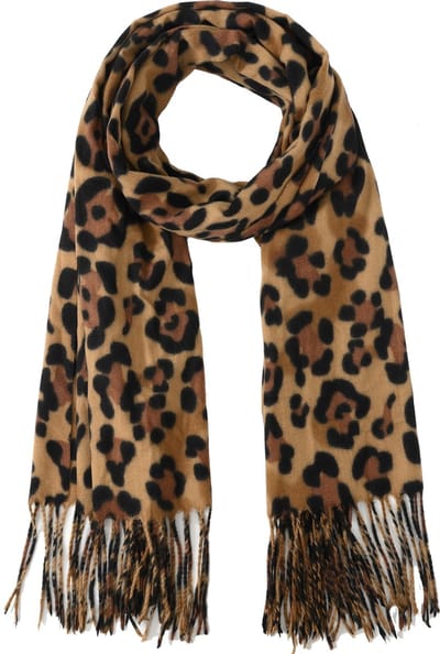 Nouka Licht Bruine Dames Sjaal - Panterprint en franjes –Warme & Lichte Sjaal – Herfst / Winter – 70 x 180 cm