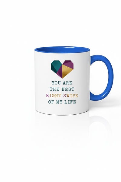 Mok 'De Beste Rechter Swipe Van Mijn Leven' - Romantisch Geometrisch Hart & Blauwe Rand