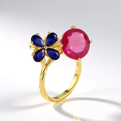 Cavill - Elegante damesring 925 sterling zilver verguld - Madagaskar roze saffier 4,95 ct - Blauwe saffieren peervorm 1,26 ct - Bloemmotief ring