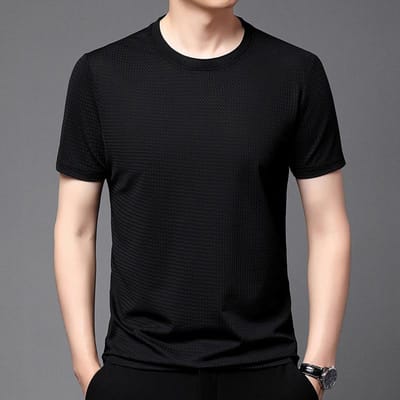 Été Nouveau T-shirt Homme Jacquard Couleur Pure Col Rond Respirant Droit Décontracté Mode Mince Manches Courtes Homme XXXXL gray