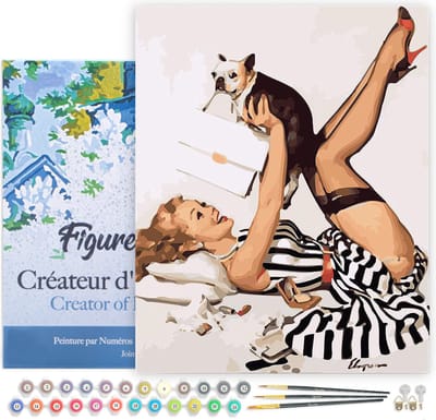 Figured'Art Schilderen op Nummer Volwassenen met lijst Pin-up in jurk en haar hond- Handwerk acrylverf Kit DIY Compleet - 40x50cm Canvas al ingelijst