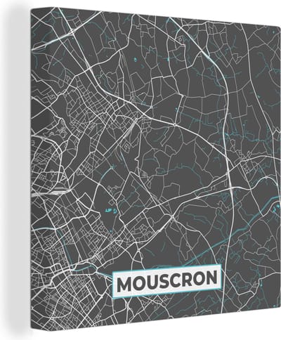 Canvas Schilderij Plattegrond – Mouscron – Blauw – Stadskaart - Kaart - België - 20x20 cm - Wanddecoratie