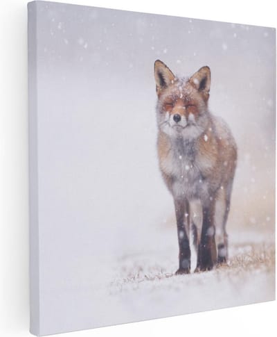 Artaza Canvas Schilderij Vos In Sneeuw - 30x30 cm - Klein - Wanddecoratie Dieren - Muurdecoratie Winterlandschap - Schilderijen Op Canvas