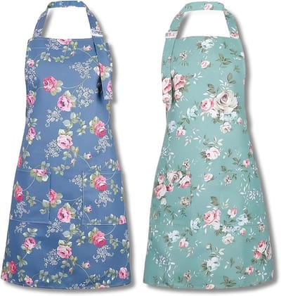 2 stuks - Bloemenschort - Keukenschort - Keukenschort voor Dames - Bloemenpatroon - Verstelbare Kookschort - Met Grote Zakken - Blauw en Groen - Bakskort - Tuinschort - Barbecueschort - Waterafstotend - Elegant Design
