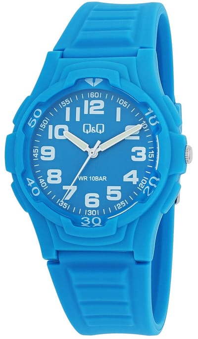 Q&Q V31A-002VY - Horloge - Analoog - Dames - Heren - Unisex - Siliconen band - Kunststof - Cijfers - Rond - Lichtblauw - 10ATM waterdicht