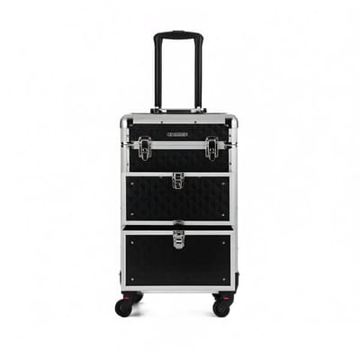 Vergrendelbare make-upkoffer met wielen, make-up trolley 34×27×57 cm, zwart, ABS + aluminiumlegering, drie automatische lagen, afneembare verdelers, twee schuifladen, vier 360° zwenkwielen, vergrendelbaar
