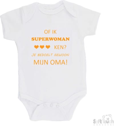 100% katoenen Romper "Of ik superwoman ken Je bedoelt gewoon mijn OMA" Unisex Katoen Wit/mosterd 62/68