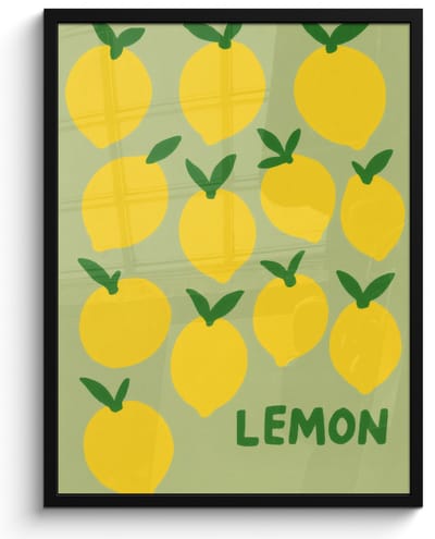 Poster in lijst - Fotolijst 50x70 cm - Posters - Citroenen - Blaadjes - Geel - Patroon - Posterlijst zwart - Decoratie - Wanddecoratie woonkamer - Muurdecoratie slaapkamer