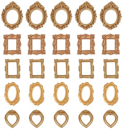 Cosensi- Fotolijst Mini Set - 25 Stuks Kunsthars - Vintage Gouden Fotolijsten - Ovaal/Rechthoekig/Hartvorm - Antieke Lijst - Afmetingen 5,6x4,8 cm