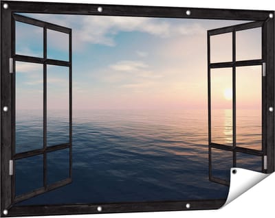 Gards Tuinposter Doorkijk Zee Water tijdens Zonsondergang - 120x80 cm - Tuindoek - Tuindecoratie - Wanddecoratie buiten - Tuinschilderij