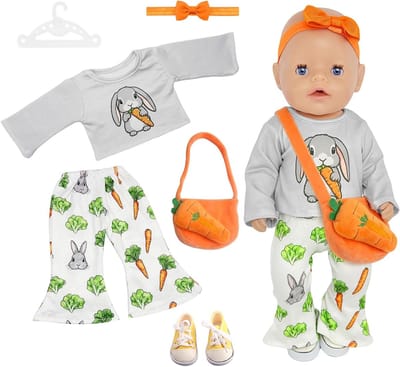 Kleding voor 35-43 cm Poppen - 6-delige Set met Konijnenoutfit, Grijze Top, Flared Broek en Accessoires zoals Tas en Schoenen