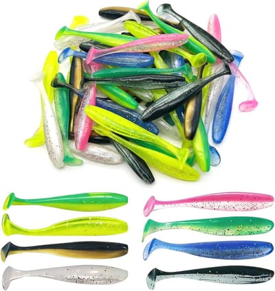 Set van 50 Rubber Vissen Baits 7.5cm met Reflecterende Sequins - Zwemvissen Aas Kit met Verborgen Haakslots voor Snoek, Zander en Forel