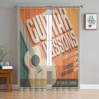 Vintage Poster Ontwerp Voor Gitaarlessen Transparante Gordijnen voor Woonkamer Tule Raamgordijn Slaapkamer Keuken Voile Draperieën 135W x 114H(cm)
