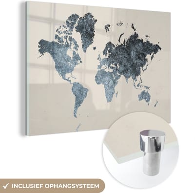 ® Glasschilderij 120x80 cm - Schilderij acrylglas - Wereldkaart - Zwart - Zilver - Foto op glas - Muurdecoratie woonkamer - Wanddecoratie slaapkamer - Schilderijen