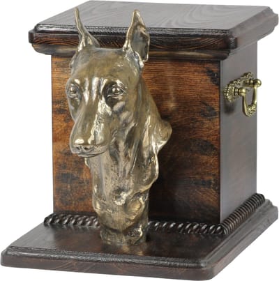 Elegante urn voor hondenas met beeldje van Miniature Pinscher