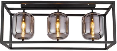 Plafondlamp glazen lamp 3 vlammen glazen kap rookkleurige plafondlamp rond zwart woonkamerlamp, metaal glas, zwart, 3x E14, LxH 77x32,5 cm