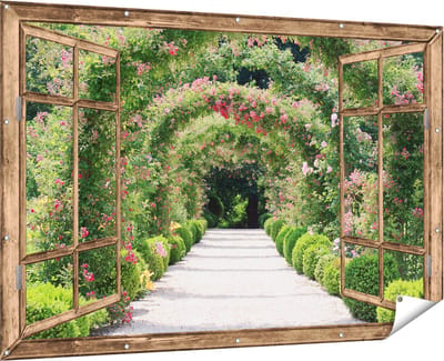 Gards Tuinposter Doorkijk Rozenbogen Tunnel - 180x120 cm - Tuindoek - Tuindecoratie - Wanddecoratie buiten - Tuinschilderij
