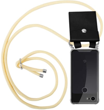 Cadorabo Hoesje geschikt voor Google PIXEL 3 in ROOM BEIGE - Silicone Mobiele telefoon ketting beschermhoes met zilveren ringen, koordriem en afneembaar etui