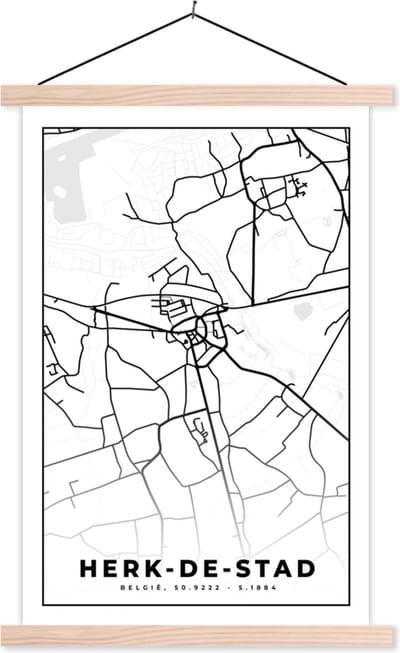 Posterhanger incl. Poster 40x60 cm - Schoolplaat - Stadskaart – Plattegrond – België – Zwart Wit – Herk de Stad – Kaart - Textielposter - Blanke latten - Stadskaart