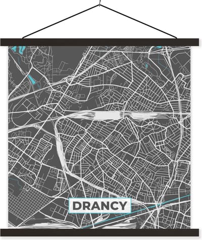 Posterhanger incl. Poster 60x60 cm - Schoolplaat - Drancy - Frankrijk - Kaart - Stadskaart - Plattegrond - Textielposter - Zwarte latten - Stadskaart
