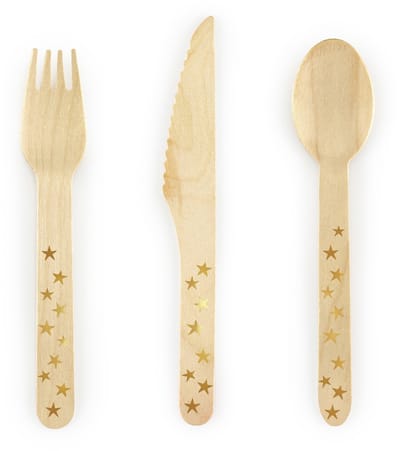 PARTYDECO - 18 houten besteksets met gouden sterren 16 cm, wegwerpservies