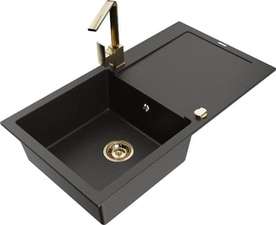 Mexen Leo granieten gootsteen 1-kompartment met afdruiprek en keukenmengkraan Rita, zwart/goud metallic - 6501-75-670300-50