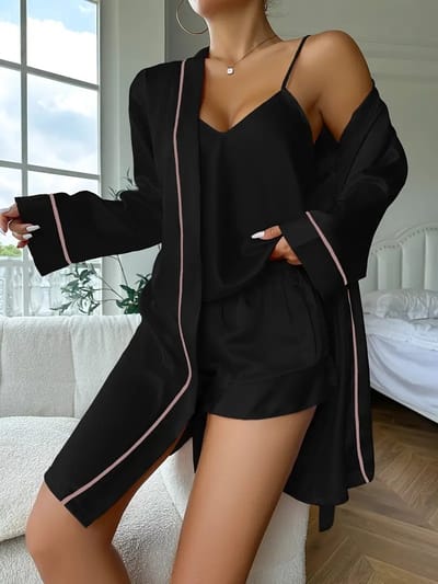 ochtendjas badjas zwart pyjamaset satijn nachtkleding dames nachtjapon