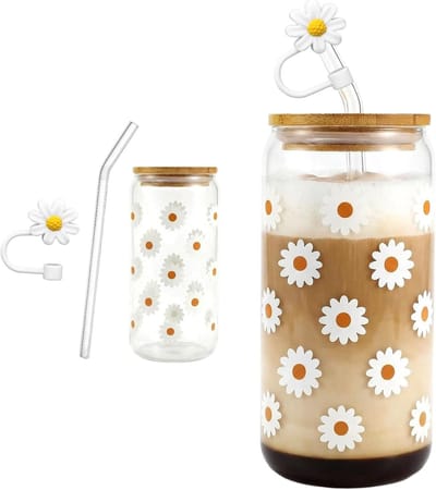 Stijlvolle Glazen Mok met Rietje en Bamboedeksel, 16 oz - Ideaal voor Koffie, Thee en Bubble Tea met Bloemmotief