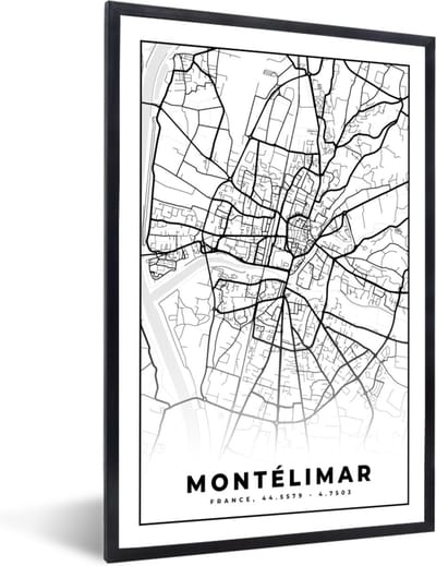 Fotolijst incl. Poster Zwart Wit- Frankrijk – Plattegrond – Stadskaart – Montélimar - Kaart - Zwart wit - 40x60 cm - Posterlijst