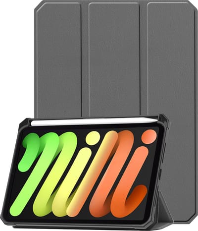 Hoesje - Geschikt voor Apple iPad Mini 7 (2024) - 8.3 inch - 7e Generatie - Dun & Stevig - Trifold Bookcase - Hard Cover Case - Met Uitsparing Geschikt voor Apple Pencil - Hardcover Book - Tablet Hoes - Grijs