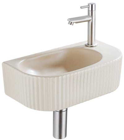 Fugaflow Efficiente Pietra Fonteinset - 40x21.5x12cm - rechts - glad - halfrond - 1 kraangat - keramiek - fonteinkraan geborsteld rvs - afvoerplug - verlaagd sifon - beige