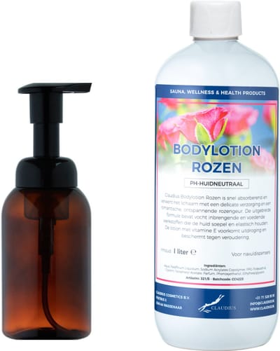 Zeepdispenser 300 ml amber bruin hervulbaar + 1 liter Bodylotion Rozen navulling