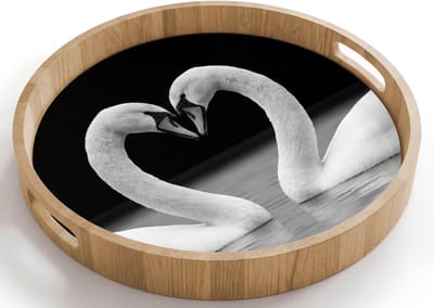 Dienblad rond 40x40 cm - Schootdienblad hout - Zwanen - Hart - Zwart - Wit - Borrelplank rechthoek - Plateau houten dienbladen