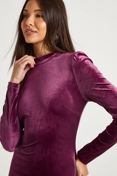 boohoo Dames Fluwelen mini-jurk met hoge hals en verenzoom | Plum | Maat: 10