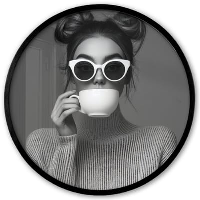 Poster in lijst Rond - Fotolijst 40x40 cm - Posters - Vrouw - Koffie - Zwart - Wit - Ronde posterlijst zwart - Decoratie - Wanddecoratie woonkamer - Muurdecoratie slaapkamer