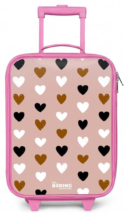 NoBoringSuitcases.com® - Kinderkoffer roze - Kindertrolley meisje - Zwart, wit en bruin hartjespatroon op oudroze achtergrond - Koffer kind lichtgewicht - Reiskoffer trolley voor kinderen - Koffertje met lichtgevende wieltjes - Rolkoffer