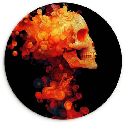 WallCircle® Wandcirkel 120x120 cm - Muurcirkel Schedel - Oranje - Zijaanzicht - Vlammen - Muurdecoratie woonkamer - Wanddecoratie slaapkamer - Kamer decoratie accessoires - Ronde schilderijen XXL