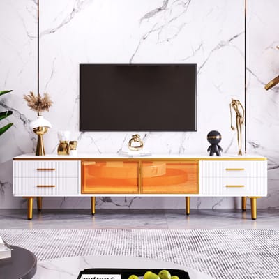 Tv-meubel in marmerlook - 4 poten - 4 lades met gouden handgrepen en twee bruine deuren van gehard glas - 170 x 37 x 47 -5 cm