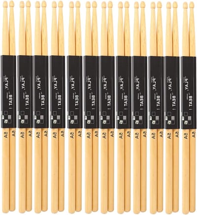 12 Paar Houten Drumstokken van Ahorn 5A voor Snaredrum, Perfect voor Oefeningen en Optredens met Goede Grip en Medium Dikte