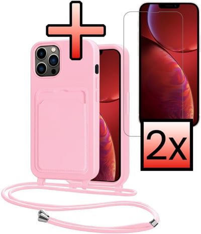 Hoes Geschikt voor iPhone 13 Pro Hoesje Pasjeshouder Cover Met Koord Case Siliconen Hoes Met Telefoonkoord en Kaarthouder Met 2x Screenprotector - Lichtroze