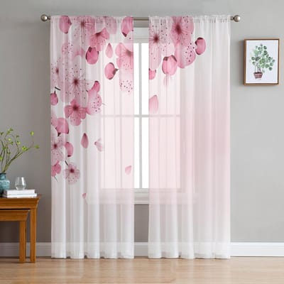 Roze Bloem Kersenbloesems Witte Doorzichtige Gordijnen ideaal voor Woonkamer Decoratie Raamopening Gordijn Keukenruimte Tule Voile Organza Gordijnen W135 x H115cm x1&Rod Pocket